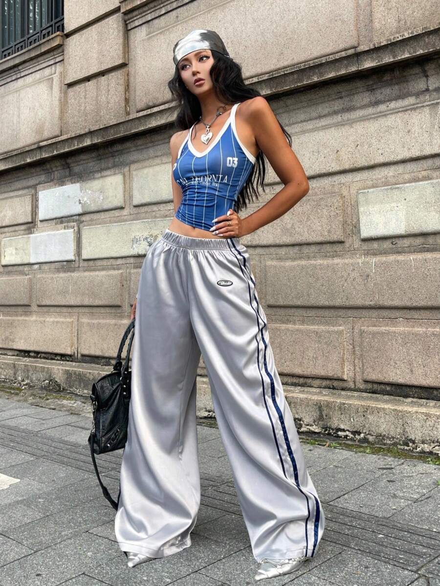 Coolane 女款春夏 Y2K 街头潮流约会夜撞色丝带条纹皮革运动长裤