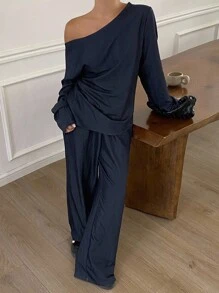 DAZY 2pcs Women Off Shoulder Long Sleeve Top And Loose Pants Set