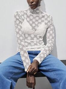 SHEIN Unity Halloween Women's Stand Collar Knitted Hollow See-Through Textured Lace Slim Fit Elegant Long Sleeve Top - White - View 1