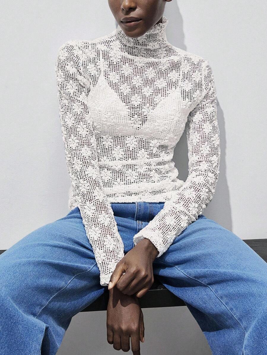 SHEIN Unity Halloween Women's Stand Collar Knitted Hollow See-Through Textured Lace Slim Fit Elegant Long Sleeve Top - White - View 1