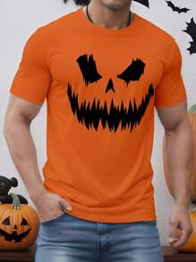 Manfinity Homme Halloween Kürbis Gesicht Silhouette Muster Lässig Herren Regular Fit Kurzarm T-Shirt, Orange - Orange - Übersicht 1