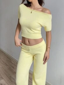 Sunnyshic Women's Yellow Casual Vacation Off Shoulder Short Sleeve Sweater 2 Pieces Set. 2 Pieces Lounge Set Women Yellow Two Pieces Set For Women Butter Yellow Two Pieces Set. Cute And Cozy. Fall Essentials.
