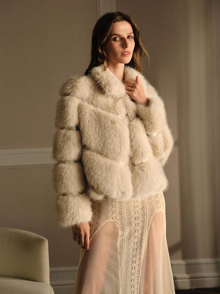 SOLID FASHION HIGH NECK FAUX FUR COAT