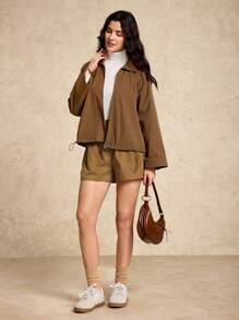 House of One Elasticated Waist Woven Windbreak Slant Pockets Women Shorts Old Money Office Casual Fall Women Clothes Fall Outfits Business Professional Women Business Casual Woman