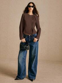 Poéselle Damska marynarka sznurowana w jednolitym kolorze, z wiązaniem z przodu, z długim rękawem, w stylu casual, z guzikami przy rękawach, asymetrycznym wiązaniem na jesień i zimę - Kawowy brązowy - Zobacz 4