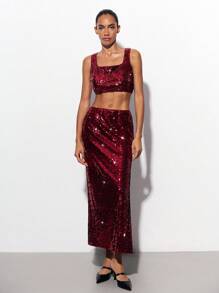 Maija Bộ đồ hai mảnh gồm áo tank top và chân váy đính sequin màu trơn dành cho nữ, thích hợp cho các bữa tiệc, bộ đồ hai mảnh lấp lánh, trang phục sequin đỏ dành cho nữ, trang phục sequin đỏ, quần áo Giáng sinh. - Màu Đỏ Sâu - Xem 2