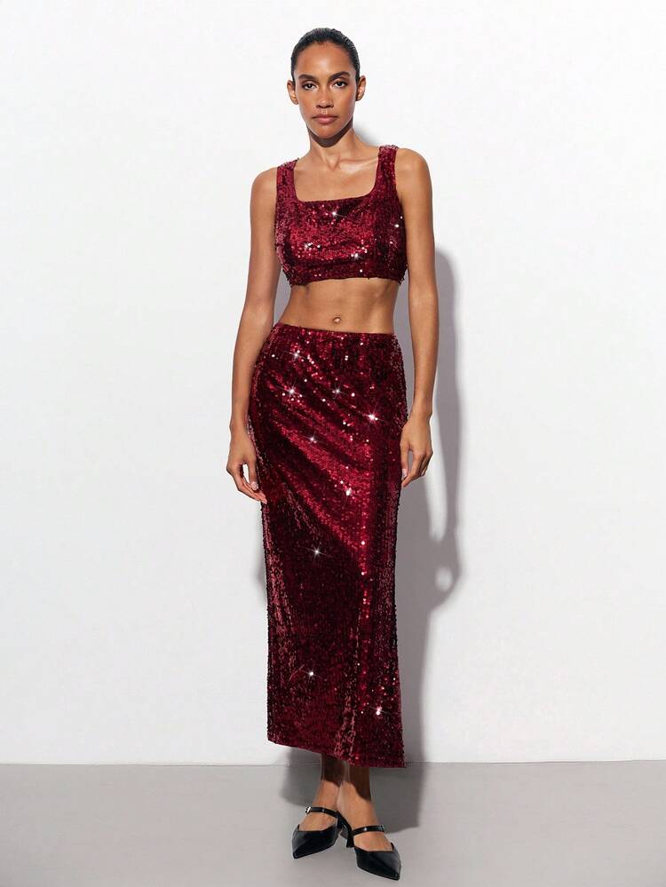SHEIN Maija 女性用無地スパンコールクロップドタンクトップ&スカート2点セット、パーティー用フィットしたスパンコール2ピースセット、キラキラ2ピースセット、スパンコールアウトフィット女性用レッドスパンコール2ピースセット、レッドスパンコールアウトフィット、クリスマス衣装