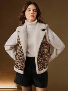 Anewsta Women's Leopard Print Composite Vest Jacket, Everyday Autumn, Fall, Winter , Work, Party, Wedding, Chic New Year - Black and White - View 11