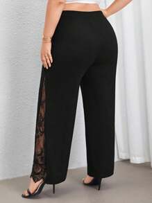 Firerie Pantaloni negri eleganți, casual, cu talie înaltă, cu croi larg, cu crăpături laterale și panouri din dantelă transparentă, potriviți pentru purtare zilnică și naveta, primăvară/vară