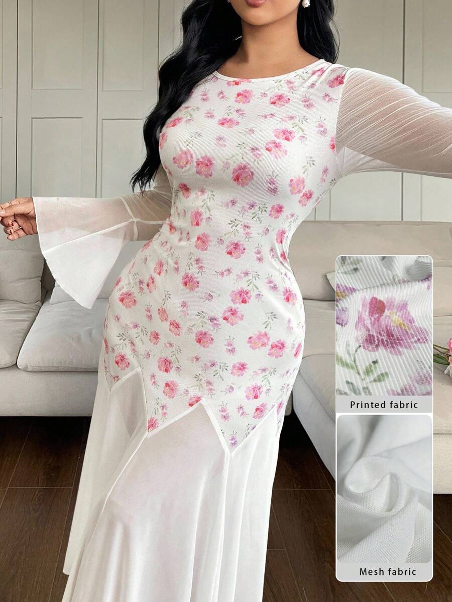 Modelyn 女式圆领喇叭袖印花修身喇叭连衣裙,春夏 - 彩色 - 查看 1
