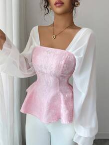 Elenzga 法国新款奢华闪亮纹理提花优雅淑女浪漫甜美优雅优质约会夜设计腰部修身雪纺拼接长袖女衬衫 - 彩色 - 查看 6