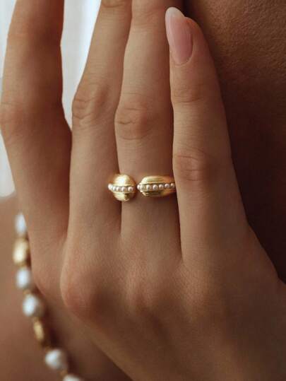 Opalesca 1颗珍珠/珍珠母贝纹理金属/18k金珠开口戒指，可爱、休闲、工作、奢华、婚礼、节日、度假、露营、Y2K/送给妈妈/女士/女孩/秋季/冬季/节日/假日/度假/老钱/万圣节，送给妈妈/女士/女孩/母亲，秋季/冬季，服装，老钱，高级，珍珠，优雅，仙女风/仙子