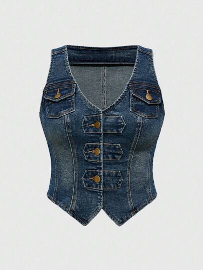 Hippie Plus Size Women's Y2K Vintage Sleeveless Denim Jacket, Suitable For Spring And Autumn
