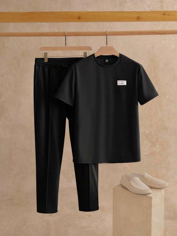 Manfinity BRENVOR 2pcs/Set Men Knit Casual Slim Fit Crew Neck Short Sleeve T-Shirt & Pants Set
