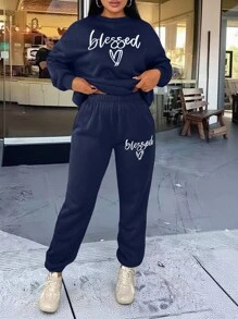 INAWLY 2pcs Plus Size Letter Printed Crew Neck Long Sleeve Top And Pants Set - Navy Blue - View 4