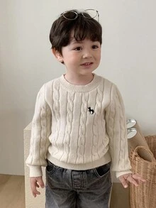 Hapijoa Áo len dệt kim xoắn cổ tròn thêu họa tiết hoạt hình cho bé trai màu trơn thu đông - Màu be - Xem 7