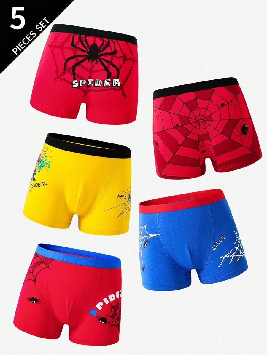 SHEIN 5pcs Boys' Comfortable Cotton Spider Print Briefs Kids Boxers Fall Winter