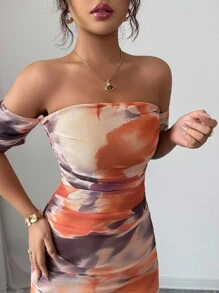 Elenzga 女士优雅露肩扎染开衩修身连衣裙，秋季长款女装 - 摩卡棕 - 查看 5