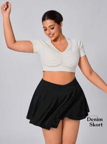 Flexra Plus Size Casual Solid Color Skirt, Summer - Black - View 3