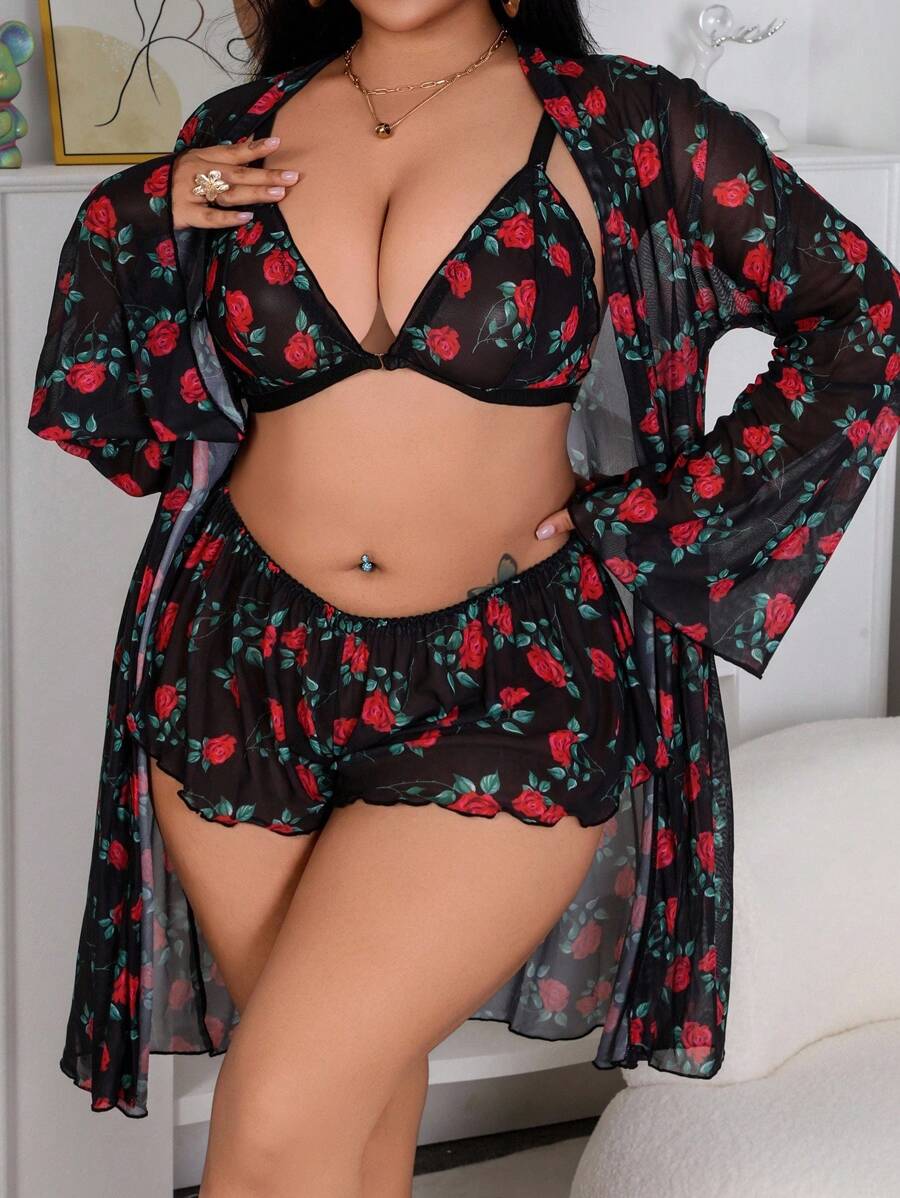 Snug Zone 3pcs Plus Size Women Floral Print Mesh Lingerie Set - Multicolor - View 1