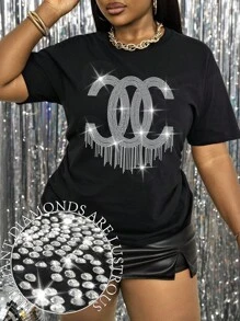 Maweii Plus Size Slogan Rhinestone Short Sleeve T-Shirt Hot Diamond Tees Women Tops - Black - View 1