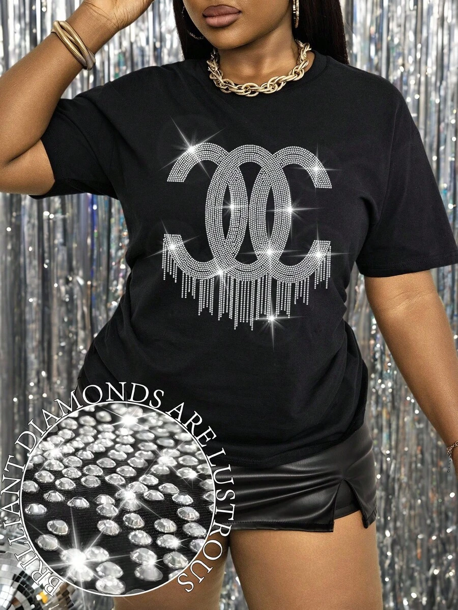 Maweii Plus Size Slogan Rhinestone Short Sleeve T-Shirt Hot Diamond Tees Women Tops - Black - View 1
