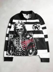 Manfinity EMRG Áo nỉ chui đầu họa tiết sọc Punk cá nhân hóa phong cách đường phố retro tối màu dành cho nam, áo khoác trùm đầu có mũ gai với đầu lâu xương, in chữ xe máy, thích hợp làm quà tặng bạn trai, trang phục đường phố mùa hè - Đen và trắng - Xem 2