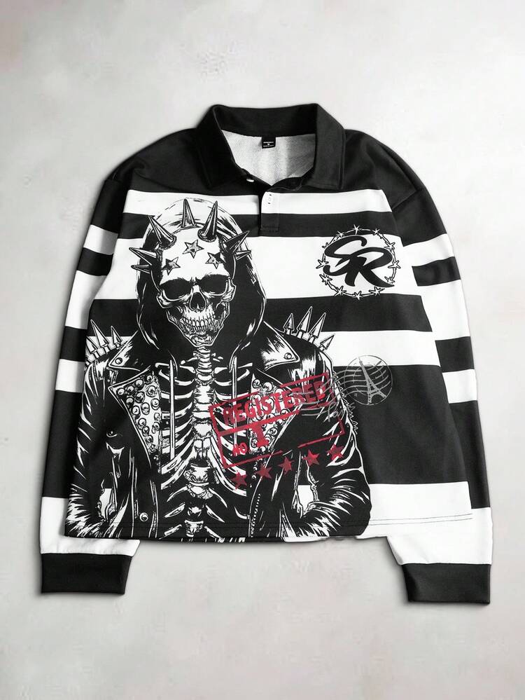 Manfinity EMRG 男士街头复古暗黑图形水墨素描风格穿刺连帽外套搭配骷髅头个性朋克条纹图案翻领套头卫衣，摩托车字母印花，适合送给男朋友的礼物，夏季街头穿搭 - 黑與白 - 查看 2