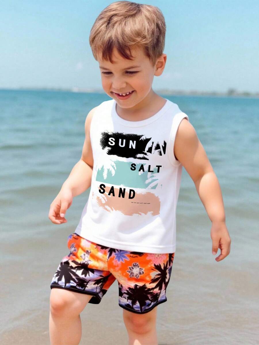 SHEIN 小男孩休闲度假风格棕榈树印花背心，适合夏季外出和度假