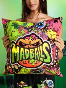 MADBALLS X SHEIN 1 Stück 45*45cm Plüschkissenbezug (ohne Kissenfüllung), Verrückter Augapfel & Kürbiskopf Muster Halloween Kissenbezug, fluoreszierender Digitaldruck Effekt, leuchtend & lebhaft, Halloween Dekoration