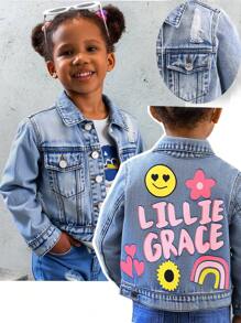 Young Girl Y2K Casual Street Chic Cartoon & Letter Print Distressed Denim Jacket, Suitable For Spring/Autumn ,Street Cool Style - Light Wash - View 1
