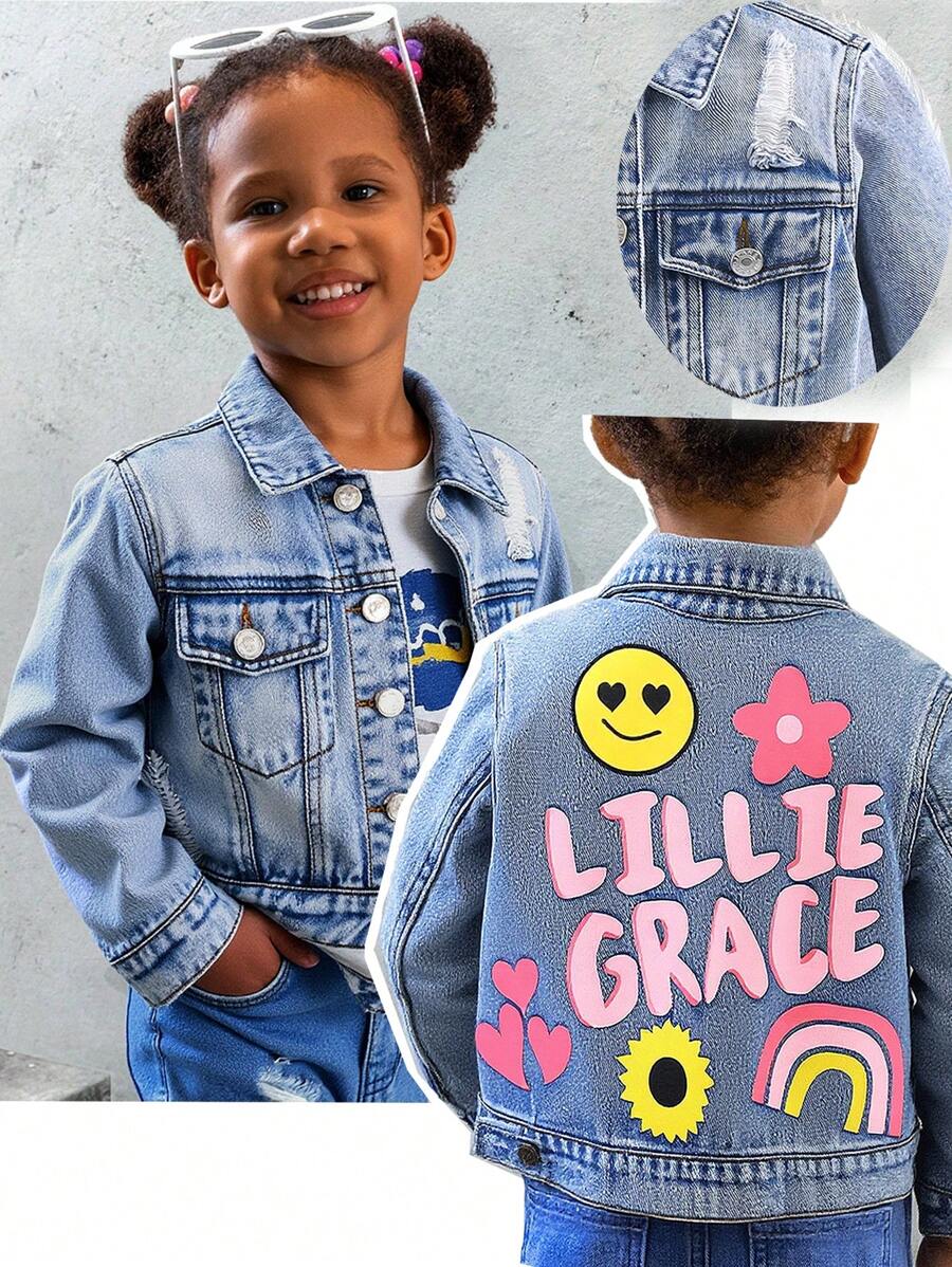 Young Girl Y2K Casual Street Chic Cartoon & Letter Print Distressed Denim Jacket, Suitable For Spring/Autumn ,Street Cool Style - Light Wash - View 1