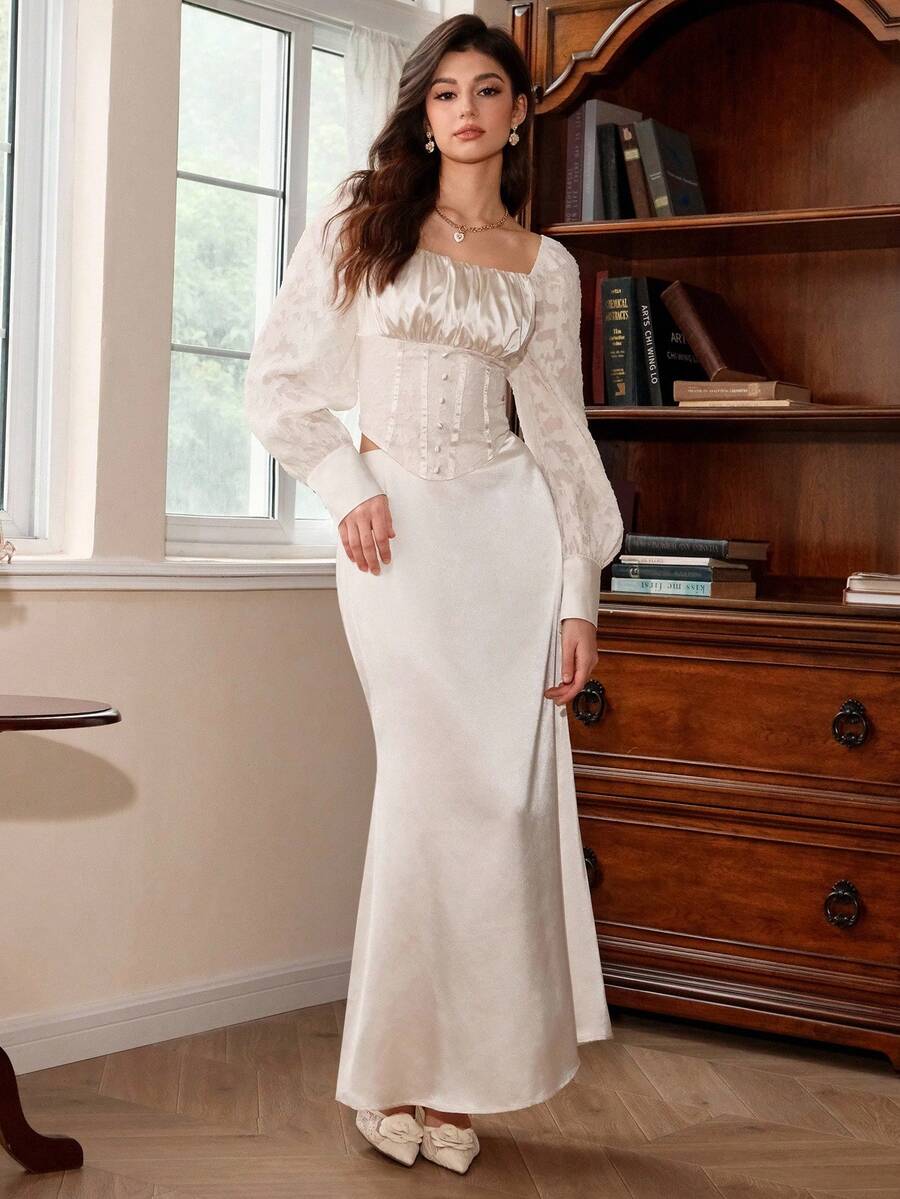 SHEIN MOD Women's Elegant Cream White Jacquard Lantern Sleeve Blouse And Skirt 2 Pieces Set,Victorian Autumn Dinner Date White Satin Long Sleeve Corset Top - Apricot - View 1