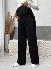 SHEIN Maternity Pants With High Waist, Ruched Hem, Side Bowknot Adjustable Waist