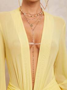 Lumalex 女式超长连衣裙，配有可拆卸紧身裤、V 领、泡泡袖、褶饰腰部、金属扣和超大裙摆 - 黃色 - 查看 7