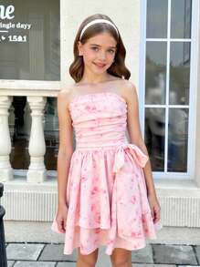 SHEIN 少女法式优雅花卉荷叶边蝴蝶结多层蛋糕裙腰带优雅连衣裙，法式童话风格，公主裙，适合生日派对、毕业舞会、情人节、派对 - 粉色 - 查看 4