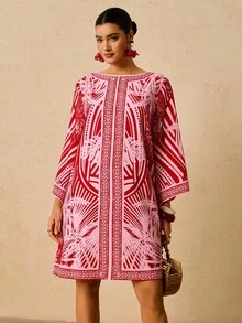 Travachic 加大码女式紫红色热带花卉印花连衣裙、中长袖连衣裙、秋季连衣裙、圆领宽松短款连衣裙、露背系带连衣裙、罩衫连衣裙 - 玫紅色 - 查看 5