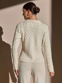 CLARA VERO Áo khoác len dệt kim màu ngà có cổ bẻ và nút cài nổi bật - Màu be - Xem 6