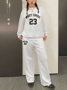 SHEIN Teenager Girls' Casual Comfortable Loose Fit Letter Graphic Crewneck Sweatshirt And Pants 2 Piece Set