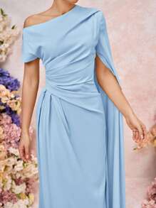 SHEIN Belle Váy dài tay bèo nhún tay lệch thanh lịch, thích hợp cho đám cưới, sự kiện trang trọng, hẹn hò, phù dâu - Màu xanh lam - Xem 7