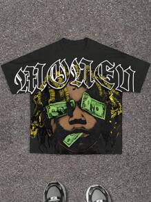 SHEIN 青少年男孩休闲时尚酷炫经典帅气金钱大亨肖像图案，时尚“RICH MONEY SMILES”文字印花短袖圆领 T 恤，适合夏季 - 彩色 - 查看 2