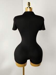 Mistrie Bộ áo liền quần ngắn tay đơn giản hàng ngày màu trơn dành cho nữ - màu đen - Xem 2