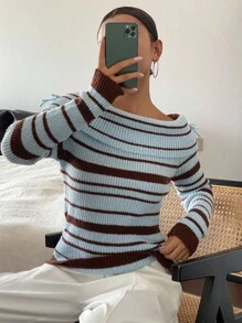 DAZY 女士优雅撞色条纹露肩长袖修身毛衣，秋冬 - 藍色 - 查看 6