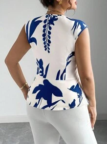 Elenzga 大码女式雪纺数码印花方领无袖收腰不对称下摆休闲度假浪漫优雅女式上衣工作夏季连衣裙 - 藍色 - 查看 2