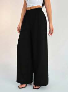 SHEIN PETITE Women's Casual Vacation Waistband Blue Wide Leg Pants - Black - View 5
