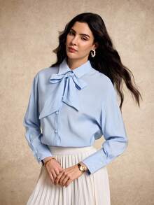 House of One 透明欧根纱系带领扣衬衫女式优雅秋季 - 淺藍色 - 查看 6