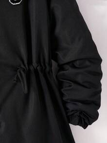 SHEIN Explorewe 少女休闲简约加厚连帽外套，胸前字母刺绣，松紧腰带，适合秋冬季外出、上学、通勤、旅行 - 黑色 - 查看 6