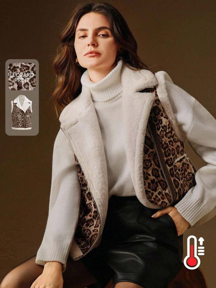 レオパード柄コンポジットベスト、秋、冬、外出、エレガント、フォーマル、パーティー、シック、新年、レディースウィンターコート、クリスマス、仕事、卒業式、結婚式に適しています