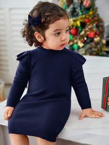 SHEIN 女婴圣诞秋冬可爱红色简约荷叶边长袖毛衣裙 - 藏蓝色 - 查看 4