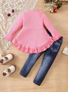 SHEIN Bộ 2 áo dài tay và quần jeans mới cho bé gái, mùa thu - Màu Hồng Tươi - Xem 2